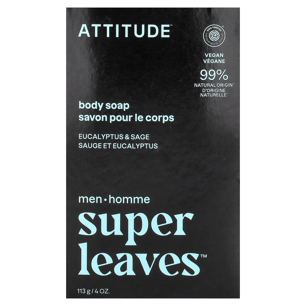 ATTITUDE, Super Leaves™, кусковое мыло для тела, для мужчин, эвкалипт и шалфей, 113 г (4 унции)