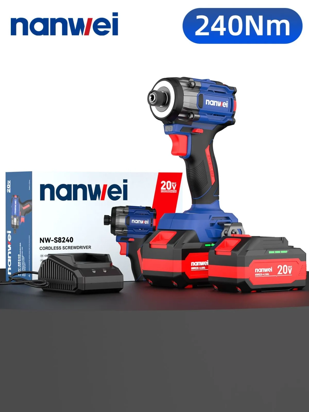 Аккумуляторный шуруповерт Nanwei NW-S8240-4, 240 Нм, 20 В, 4Ah*2
