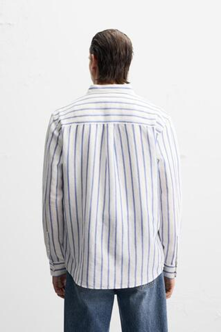 ZARA РУБАШКА ИЗ ХЛОПКА И ЛЬНА, БЕЛЫЙ/МОРСКОЙ-СИНИЙ