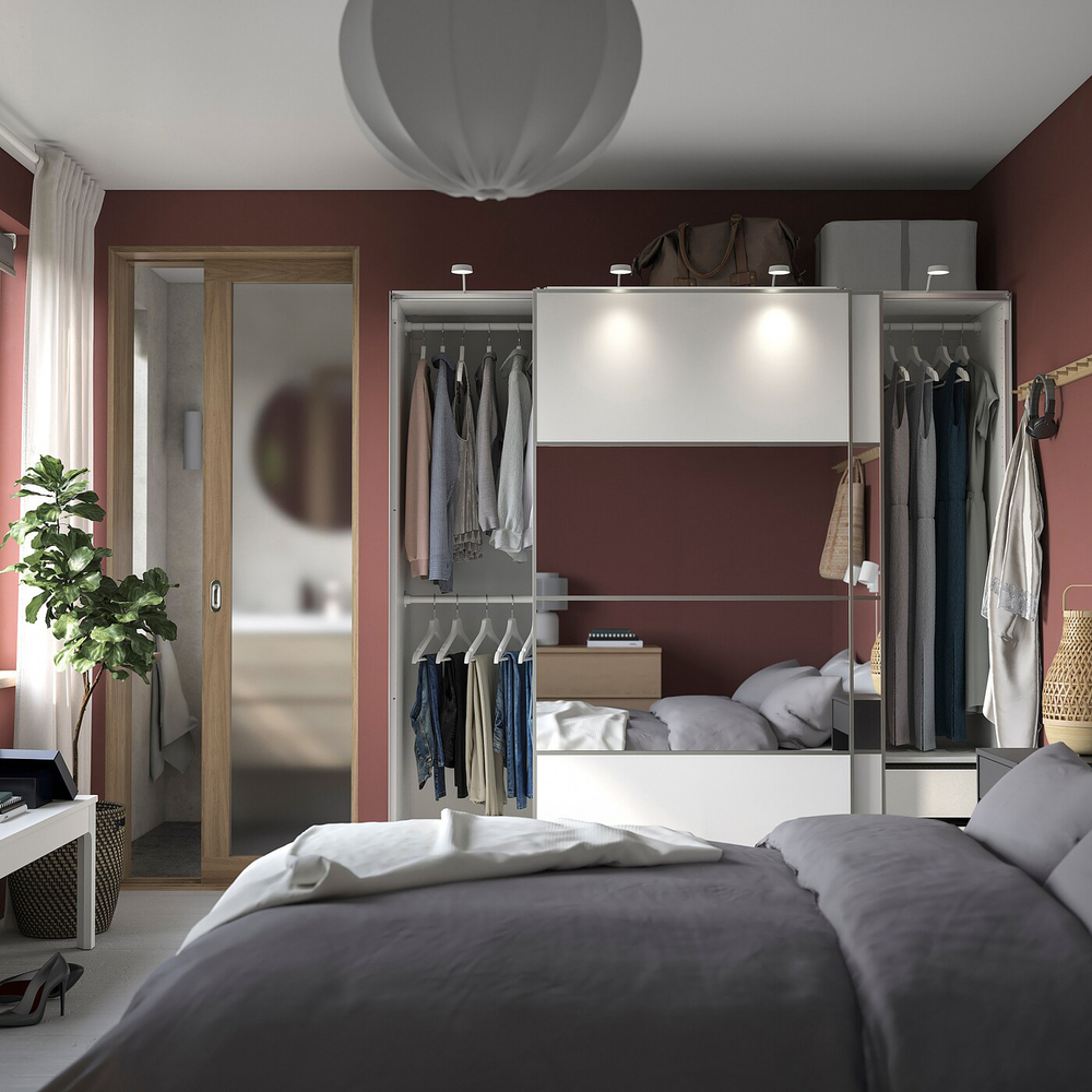 Шкаф-купе PAX MEHAMN AUIi двухдверный с 2 ящиками, 3 штангами и 2 зеркалами (белый)  230*60*240