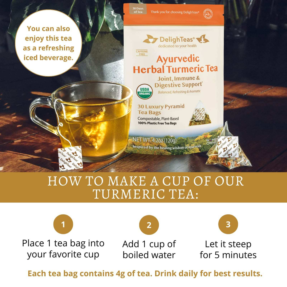 DelighTeas, Аюрведический травяной чай с куркумой, без кофеина, 30 роскошных чайных пакетиков в форме пирамидки, 120 г (4,2 унции)
