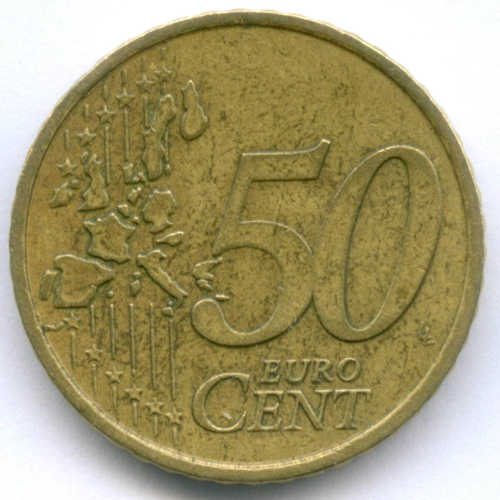 50 евроцентов 2002 год. Греция. Регулярный выпуск. Тип 1 (Разновидность - звезда c F - Франция). Нордик VF