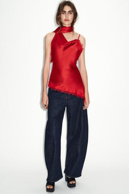 ZARA ТОП В БЕЛЬЕВОМ СТИЛЕ С КОМБИНИРОВАННЫМ КРУЖЕВОМ, КРАСНЫЙ