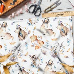 Ткань лен милые акварельные зверьки