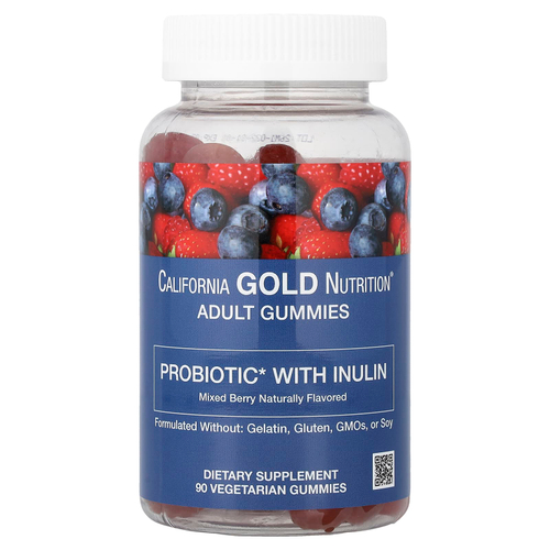 California Gold Nutrition, пробиотик с инулином в жевательных таблетках, с витамином C, фолатом, смесью экстрактов ягод и органическим инулином, с натуральным ягодным вкусом, 90 вегетарианских жевательных таблеток