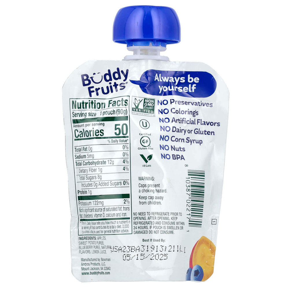 Buddy Fruits, смесь фруктов и овощей, голубика, батат и яблоко, 90 г (3,2 унции)