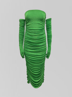 Платье Kikiriki 57859 удлиненное со сборкой по бокам разрезом сзади и перчатками в комплекте