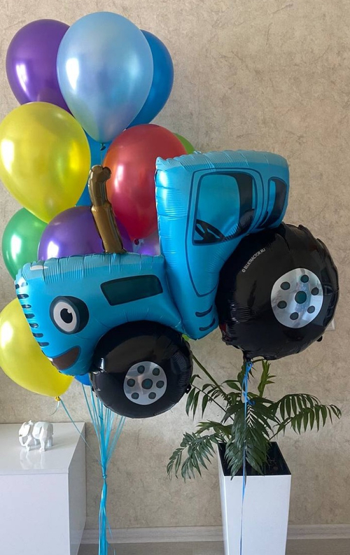 Синий трактор с шарами металлик