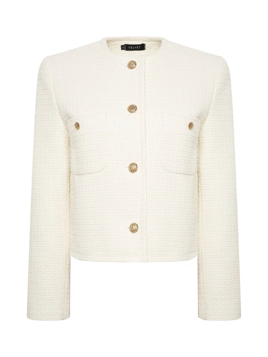 Жакет из твида укороченный с карманами молочный
