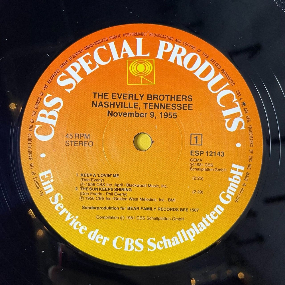 Винтажная виниловая пластинка LP The Everly Brothers Nashville Tennessee, November 9, 1955 (Germany 1981) 45 RPM