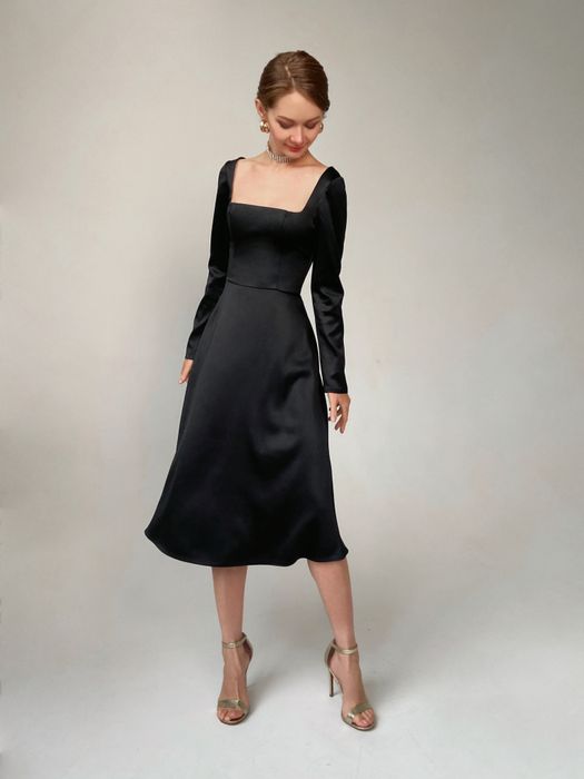 Нарядное платье миди с длинными рукавами (черный)