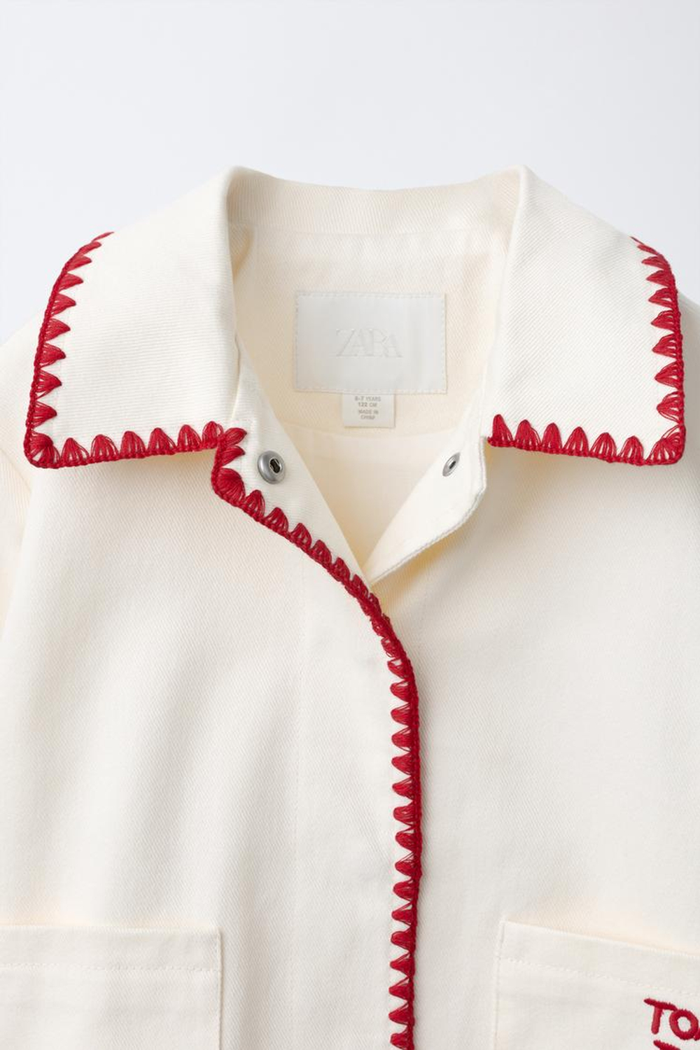 ZARA КУРТКА WORKER С ВЫШИВКОЙ, ЭКРЮ/КРАСНЫЙ