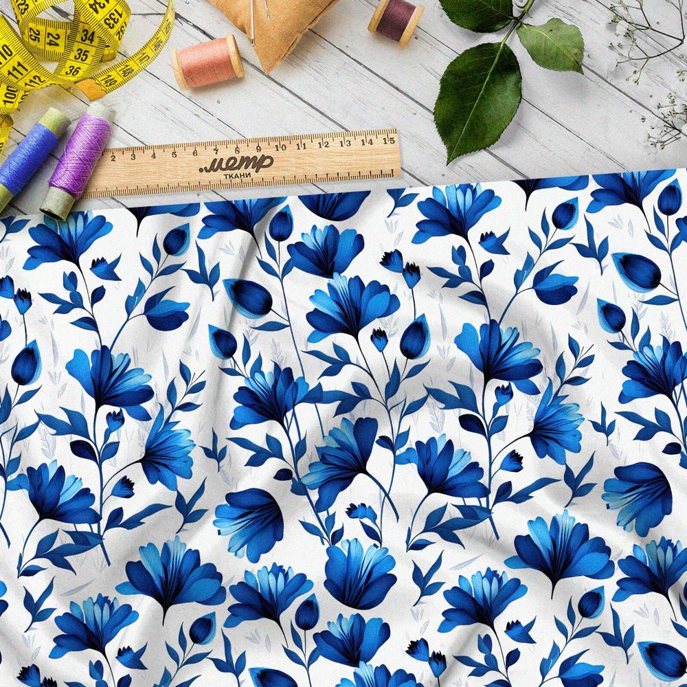 Ткань штапель васильки в стиле гжель