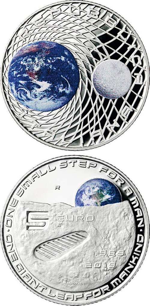 5 евро. 50 лет со дня первой высадки на Луну 1969 Космос. Италия. 2019 год. PROOF