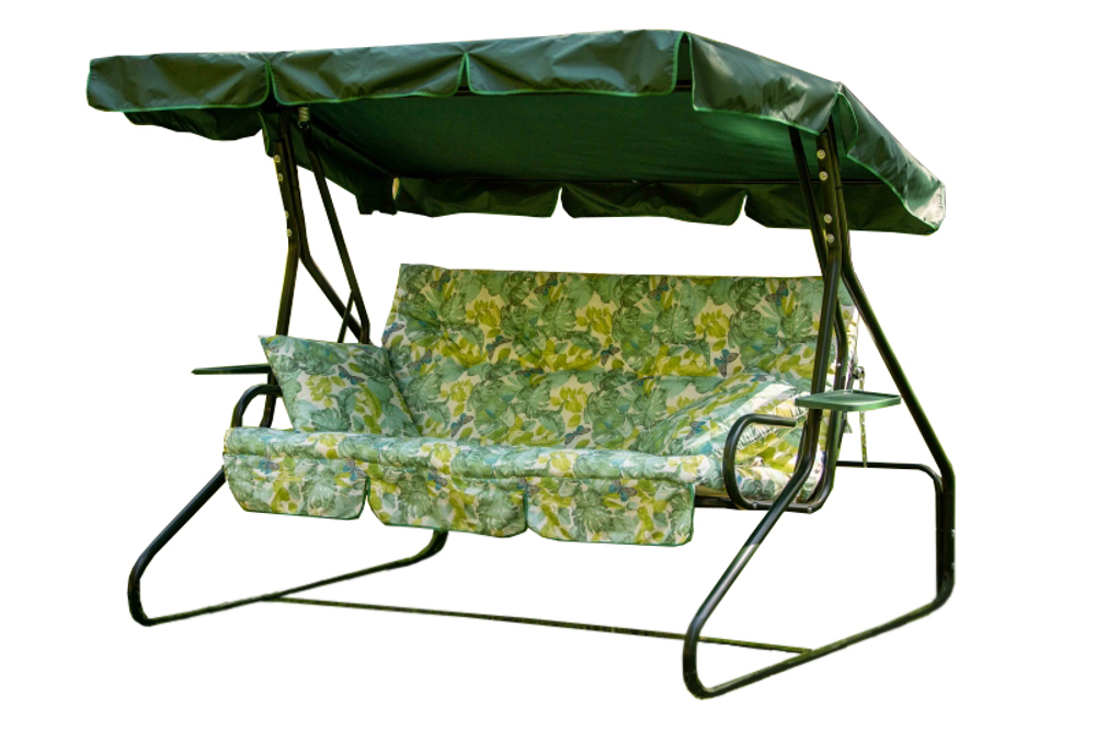 Качели садовые OLSA 3-х местные Люкс 3(каркас зеленый, м/э разноцветный рис.листья)1 уп.