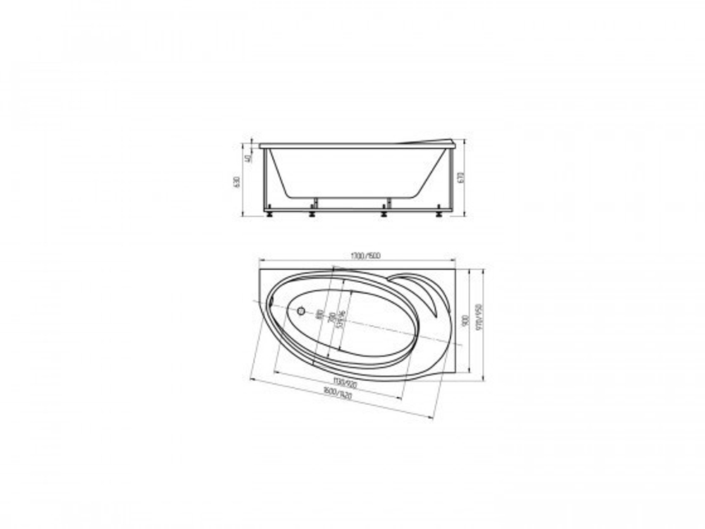 Ванна акриловая асимметричная БЕТТА 170х97 AQUATEK (с каркасом и фронтальной панелью)