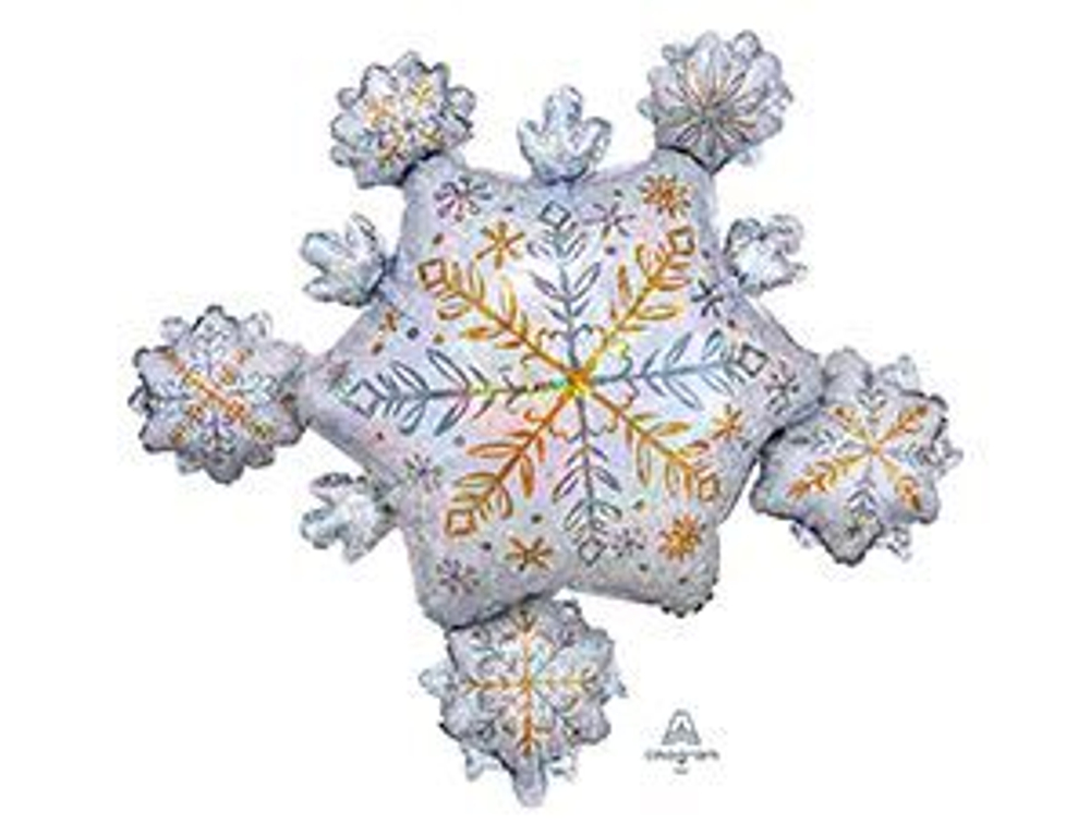 Шар фольгированный ( 81 см) фигура, Снежинка бело-золотая блеск, 1шт.