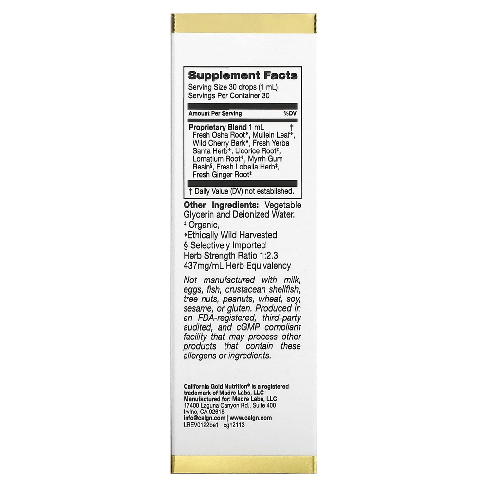 California Gold Nutrition, добавка для здоровья бронхов с запатентованной смесью свежего корня оша, листьев коровяка и коры дикой вишни, 30 мл (1 жидк. унция)