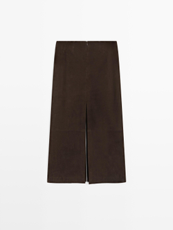 Massimo Dutti Прямая юбка миди из нубуковой кожи, коричневый