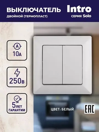 Выключатель Intro Solo 4-104-01 двухклавишный 10А-250В IP20 СУ белый