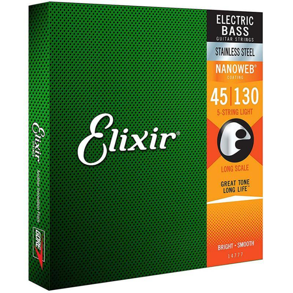 Elixir 14777 NANOWEB Комплект струн для 5-струнной бас-гитары, нержавеющая сталь, Medium w/Light B, 45-130.
