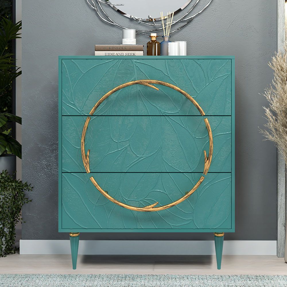 Комод Арт Колор leaves Классик Голд с 3 ящиками Пастельно-синий