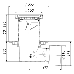Трап регулируемый под плитку горизонтальный выход 75/110, с рамкой из нержавеющей стали ТП-5100N-3020 с незамерзающим затвором