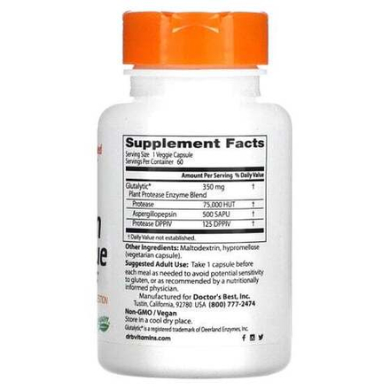 Doctor's Best, Gluten Rescue, ферменты для расщепления глютена с Glutalytic, 60 вегетарианских капсул