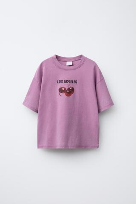 ZARA ФУТБОЛКА С ПРИНТОМ «ФРУКТЫ», БУРГУНДСКИЙ