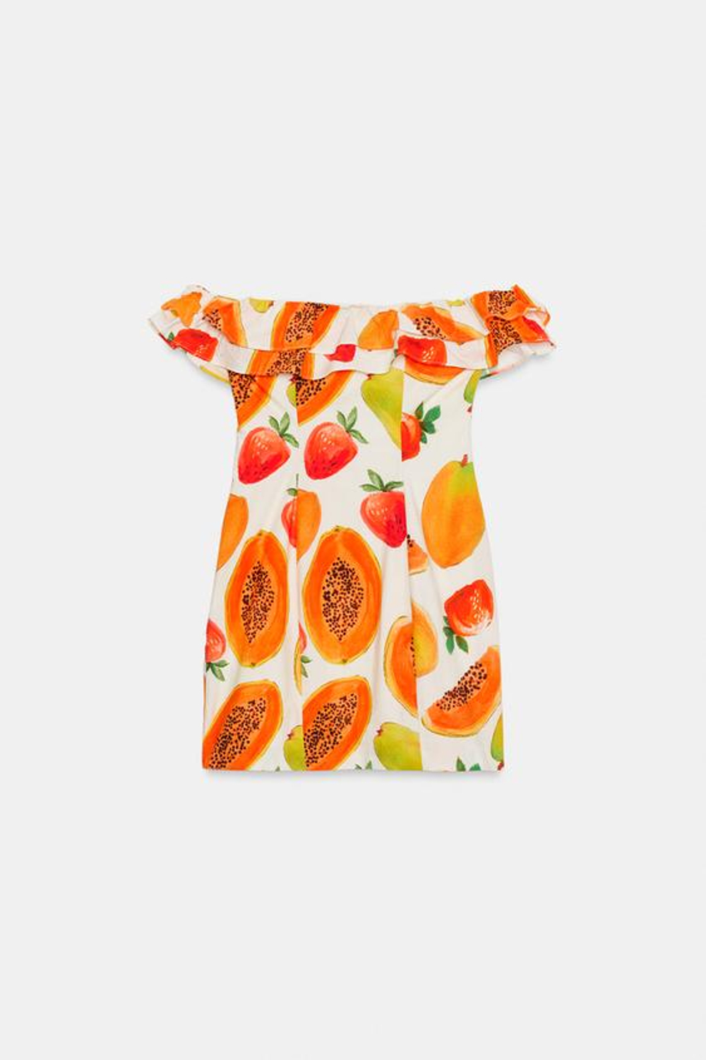 ZARA МИНИ-ПЛАТЬЕ С ВОЛАНАМИ И ФРУКТОВЫМ ПРИНТОМ, ОРАНЖЕВЫЙ