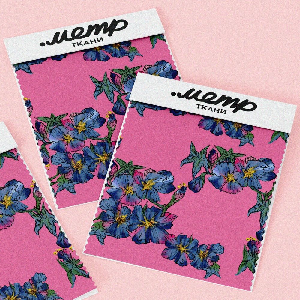 Ткань бифлекс синяя цветочная вышивка