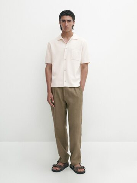 Massimo Dutti Кардиган с короткими рукавами и карманом, натуральный, кремовый