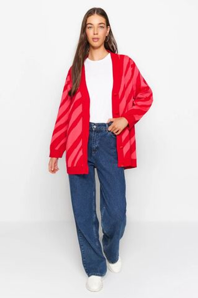 Красный вязаный кардиган с рисунком в виде животных TCTAW24TH00048