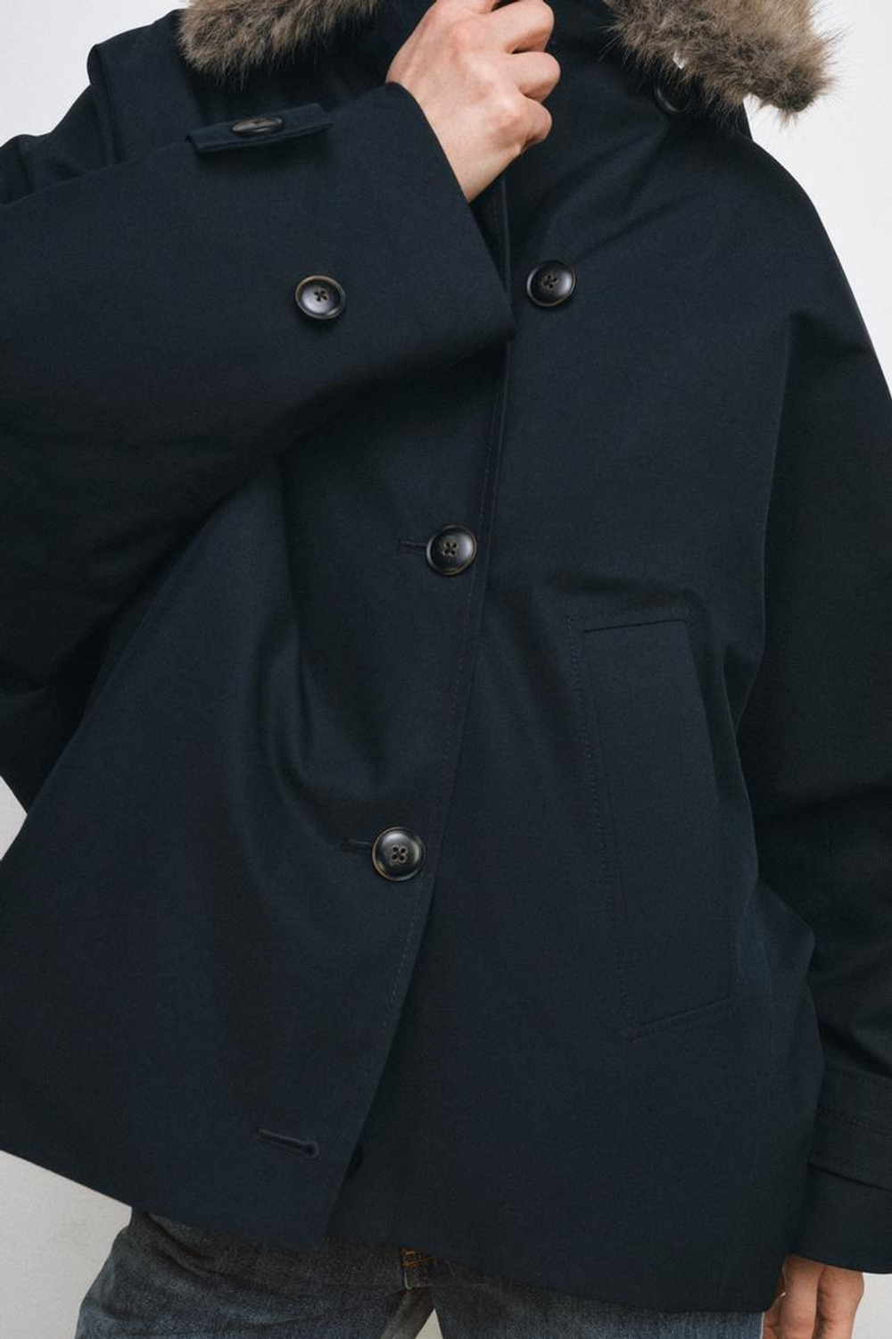 ZARA ТРЕНЧ С МЕХОВЫМ ВОРОТНИКОМ — ZW COLLECTION, МОРСКОЙ СИНИЙ