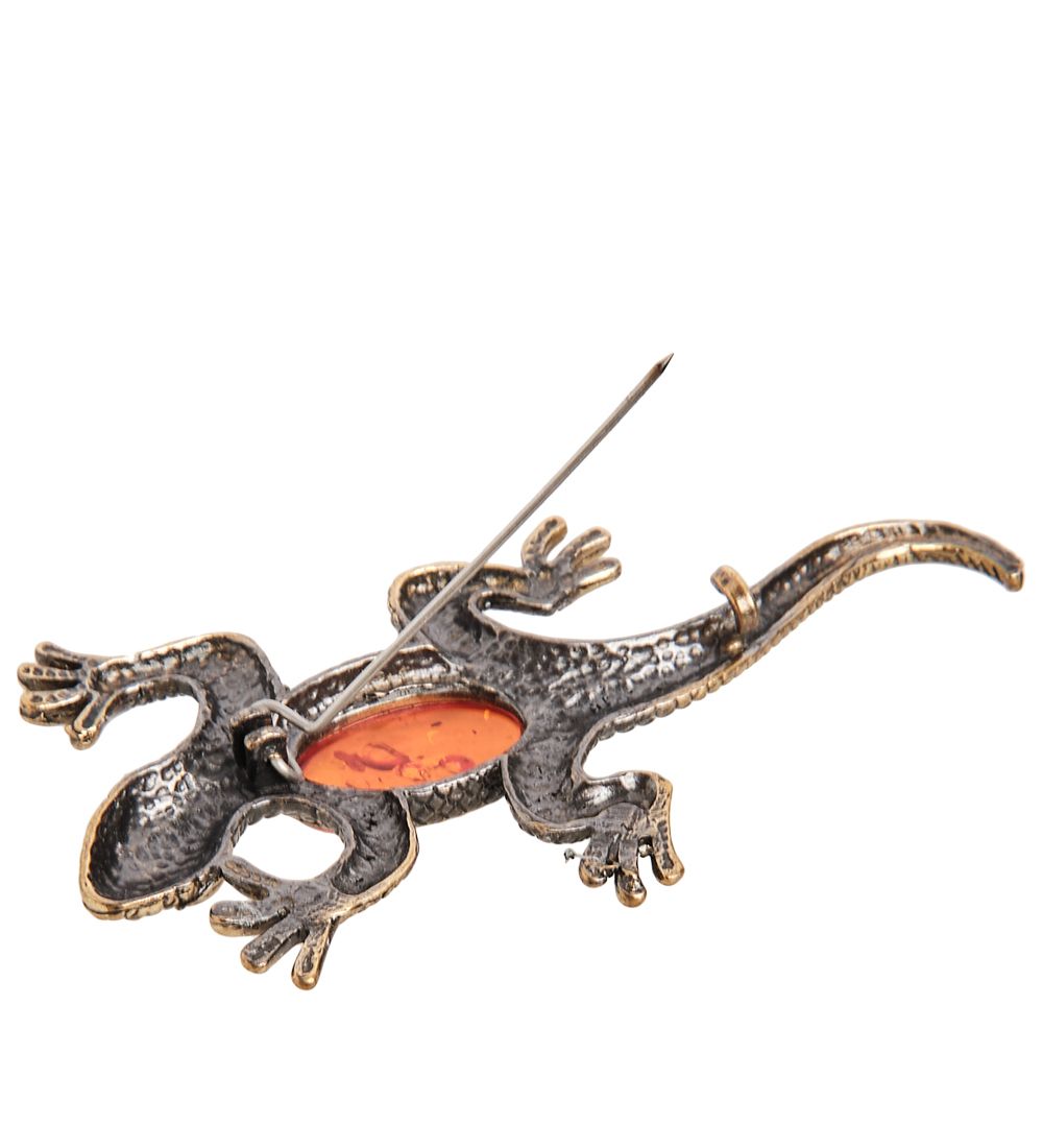 AM-1895 Брошь «Ящерица» (латунь, янтарь)