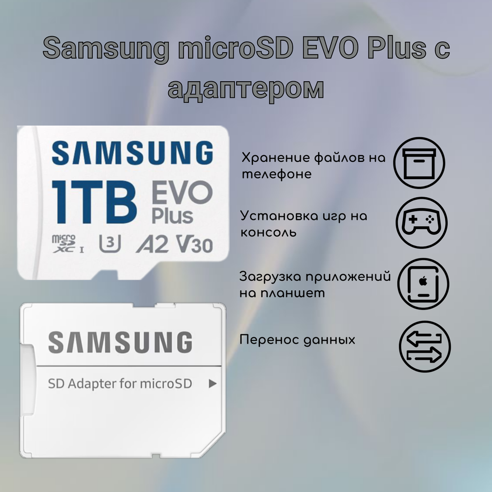 Карта памяти Samsung Evo Plus microSDXC 1ТБ Class 10, V30, A2, UHS-I U3, R 130 МБ/с, адаптер на SD