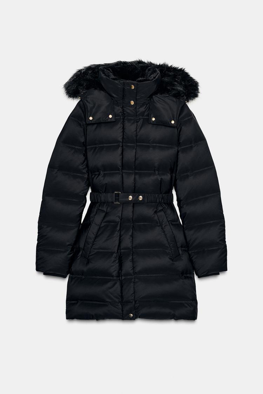 ZARA ПУХОВИК С КАПЮШОНОМ WATER REPELLENT WINDPROOF, ЧЕРНЫЙ
