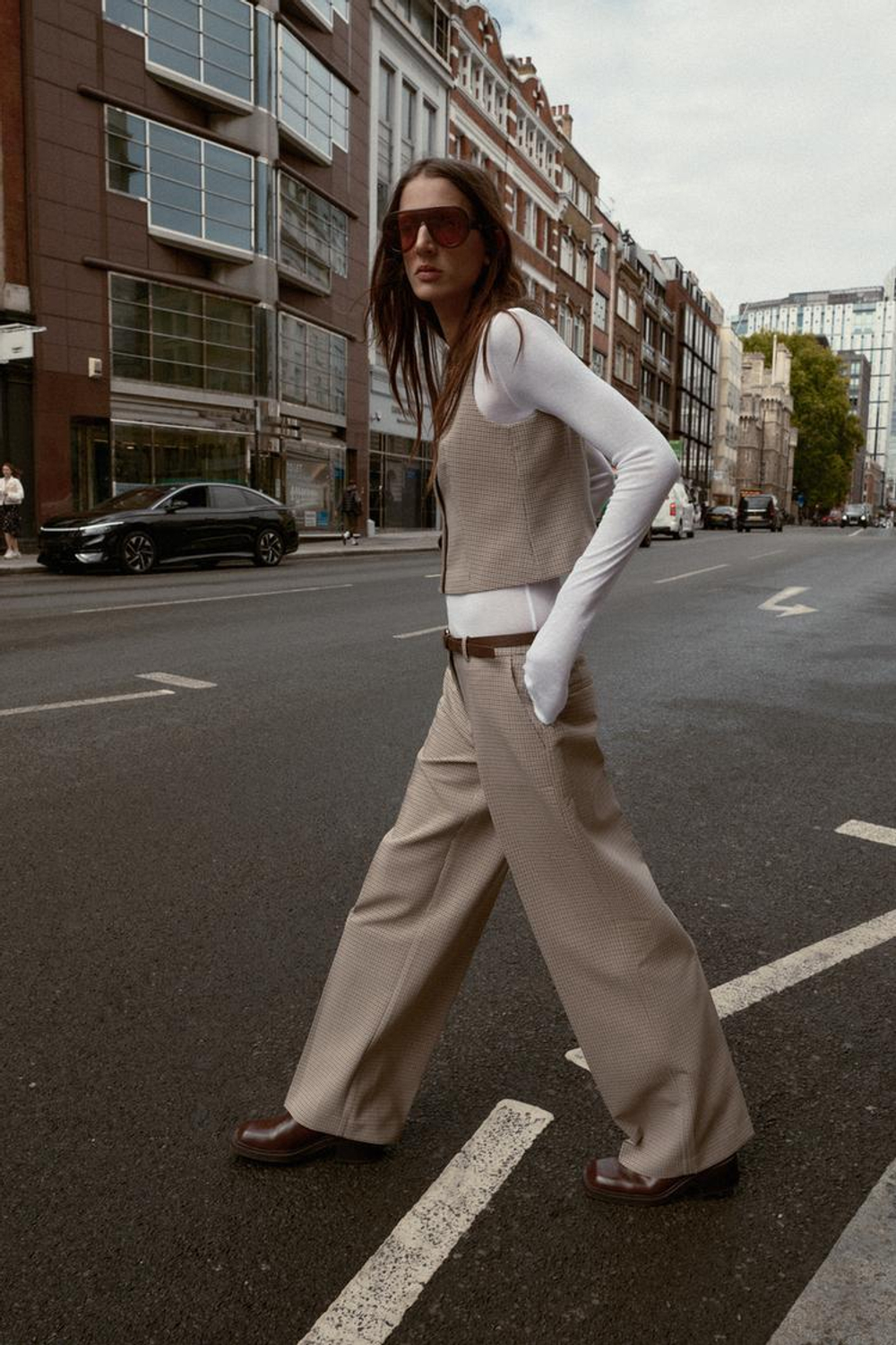 ZARA ЖИЛЕТ В КЛЕТКУ, БЕЖЕВЫЙ/ТЕМНО-СИНИЙ