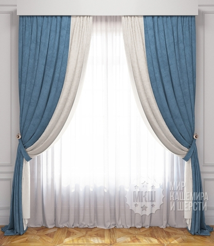 Комплект штор: ЛАТУР (арт. BL01-222-01)  - 300х270, (170х270)х2 см.  - (Возможна высота 250 см.) - бело-голубые
