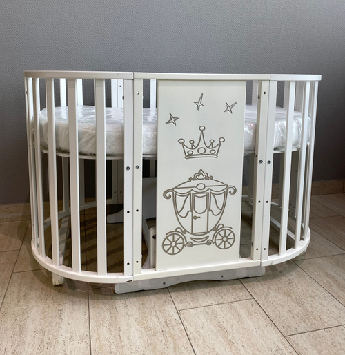 Детская кроватка Severyanka CROWN белый (6в1, овальная, круглая, маятник, колесо)