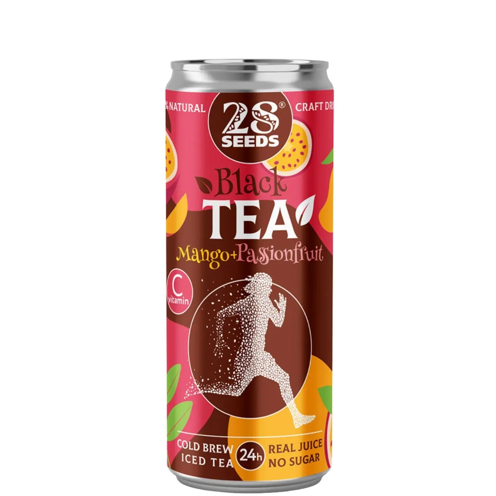Черный чай «Колд брю» Манго и Маракуйя 28SEEDS, охлажденный чай в банке, вид спереди