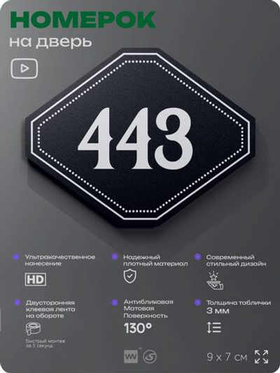 Номерок на дверь квартиры 443, для кабинета, офиса, шильдик 9 х 7 см, черный, Айдентика Технолоджи