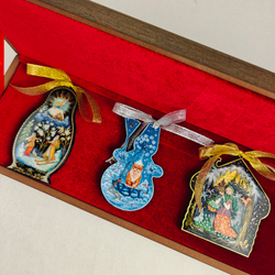 Набор из 3-х ёлочных игрушек "Русская зима" с росписью Палех
