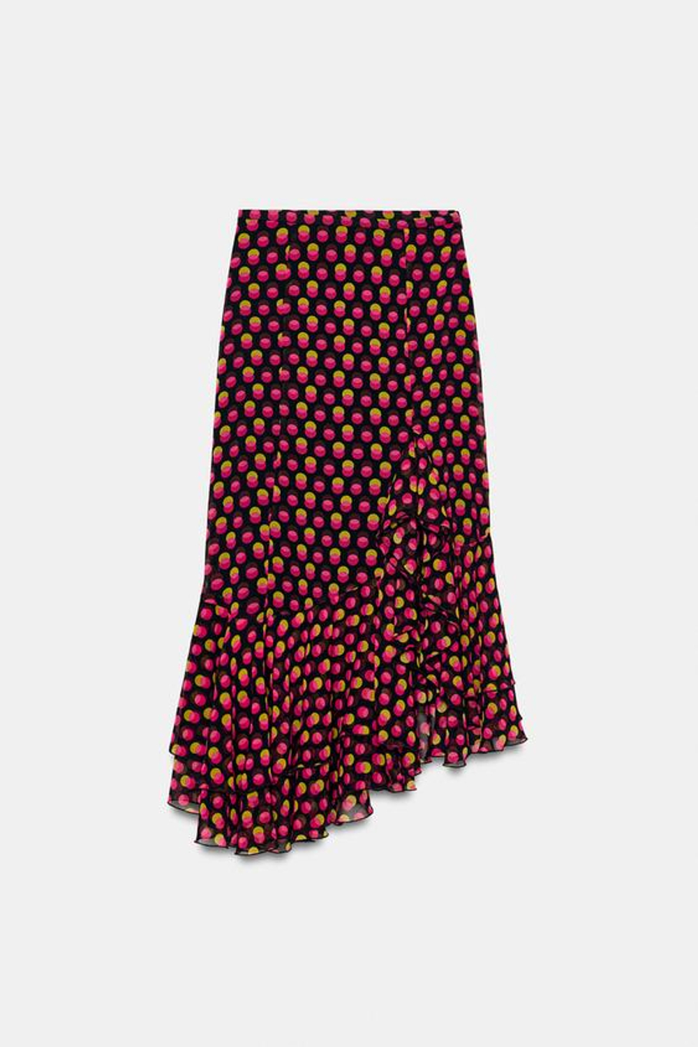 ZARA ЮБКА МИДИ АСИММЕТРИЧНОГО КРОЯ В ГОРОШЕК, ЧЕРНЫЙ/ЦВЕТ ФУКСИИ