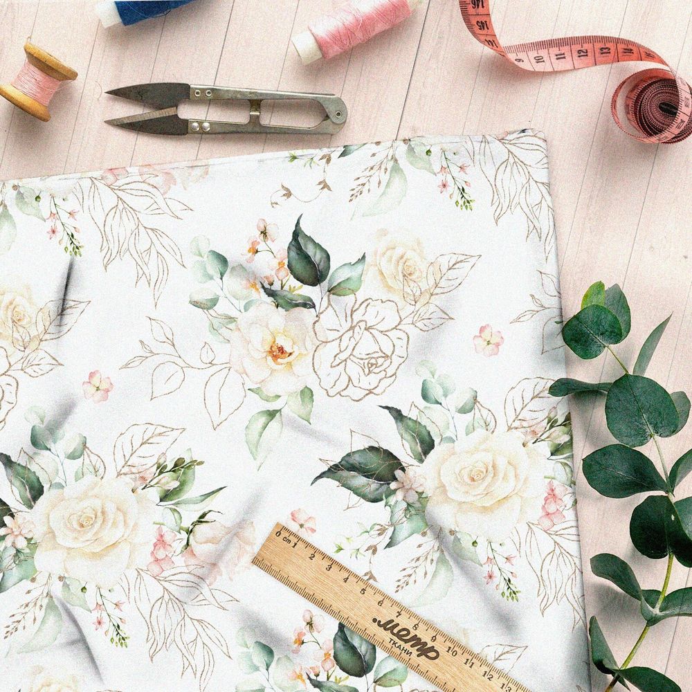 Ткань бифлекс белые полупрозрачные цветы