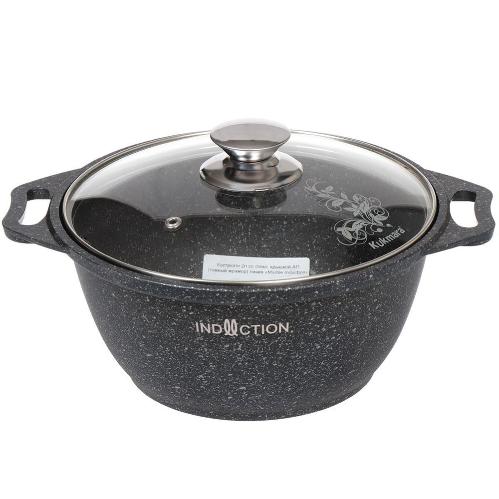 Кастрюля алюминий, антиприг, 2 л, с крыш, индукц, Kukmara, Темный мрамор, кмти22а, индукц