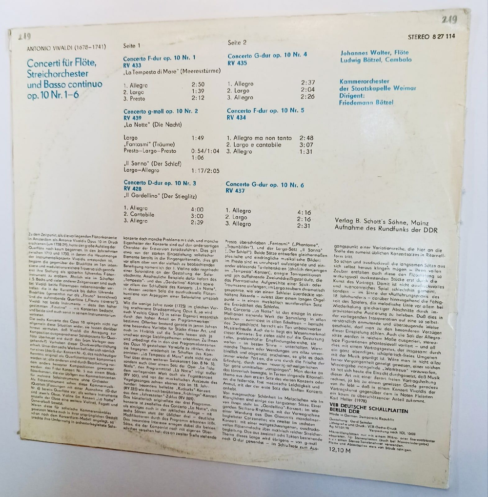 Винтажная виниловая пластинка Antonio Vivaldi Вивальди Johannes WalterKammerorchester Der Staatskapelle Weimar Friedemann Batzel Flotenkonzerte Op. 10 (GDR 1978)