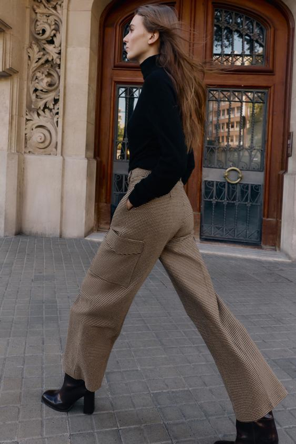 ZARA БРЮКИ КАРГО «ГУСИНАЯ ЛАПКА», ЧЕРНЫЙ/КОРИЧНЕВЫЙ