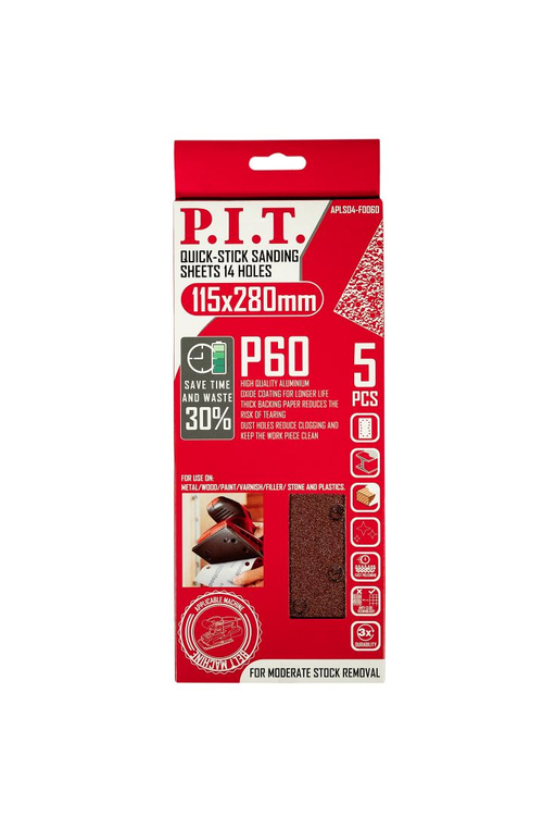 Лист шлифовальный  PIT 115x280 мм Р60 14 отверстий 5 шт в уп.(APLS04-F0060)