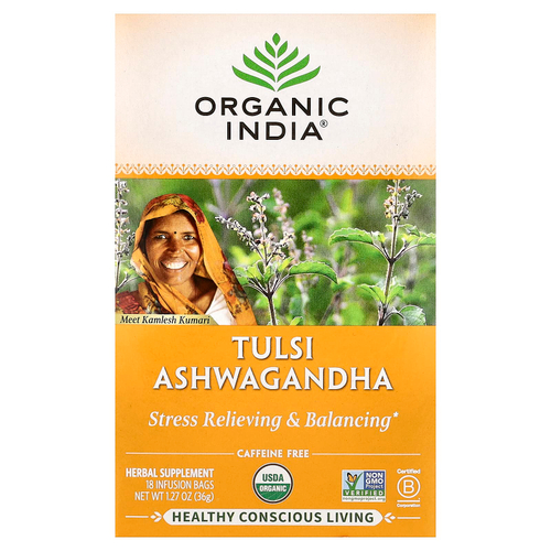 Organic India, чай с тулси и ашвагандой, без кофеина, 18 пакетиков для заваривания, 36 г (1,27 унции)